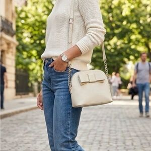 Cream Bow Accent Crossbody Bag for Women